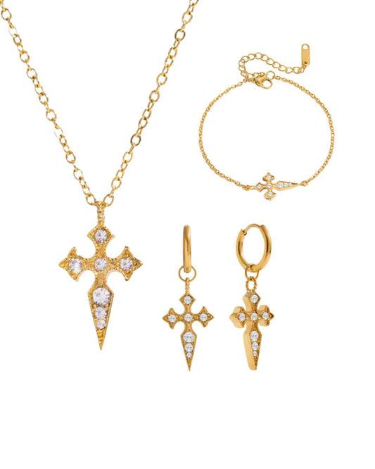 Parure Divine – ensemble Collier, Bracelet & Boucles en croix
